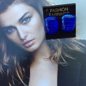 Simple Blue Metallic Square Stone Stud Post Earrings Jewelry